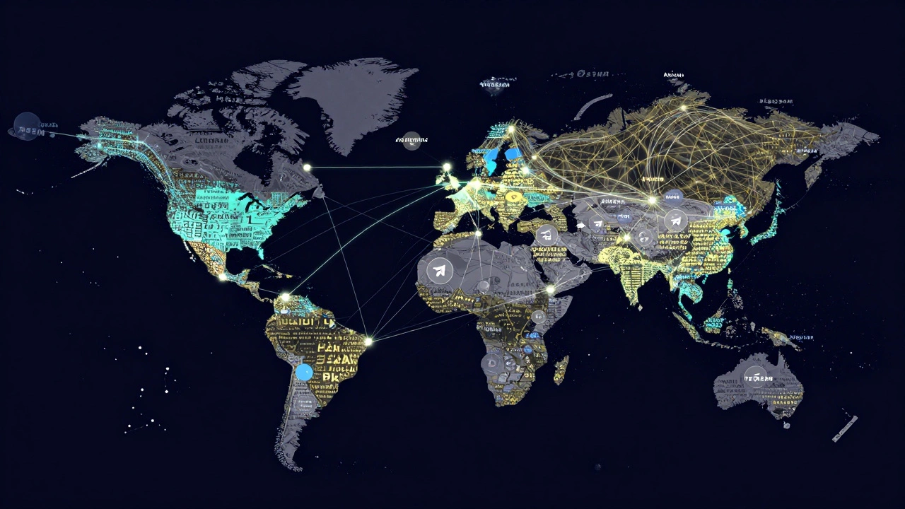 Abstract network of language and time-zone clusters mapping Telegram audience patterns.