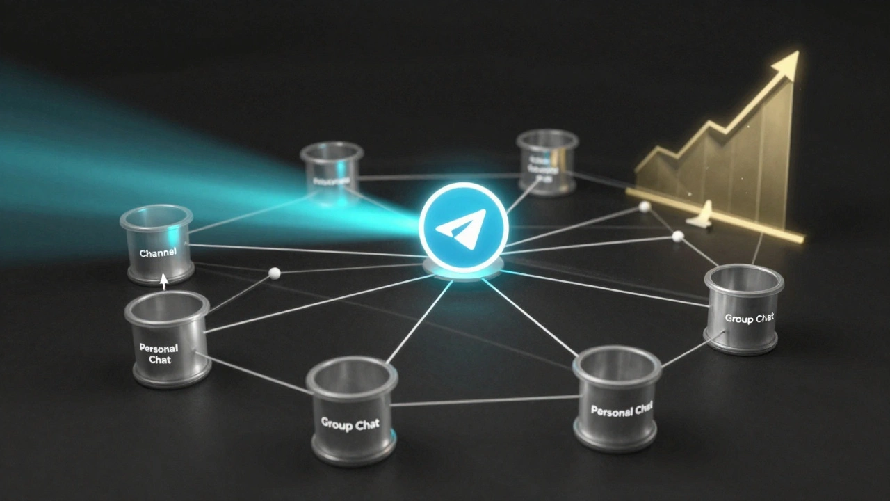 Abstract network of nodes connecting Telegram to analytics buckets with conversion flow