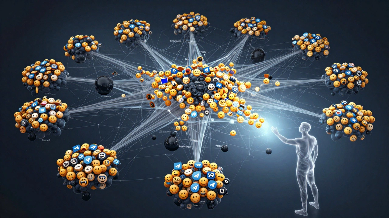Abstract neural network of emoji clusters forming tribal symbols, representing reaction patterns.