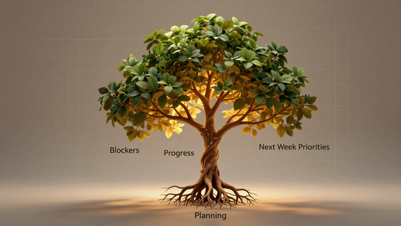 Abstract tree symbolizing weekly review components: planning, progress, blockers, and priorities.
