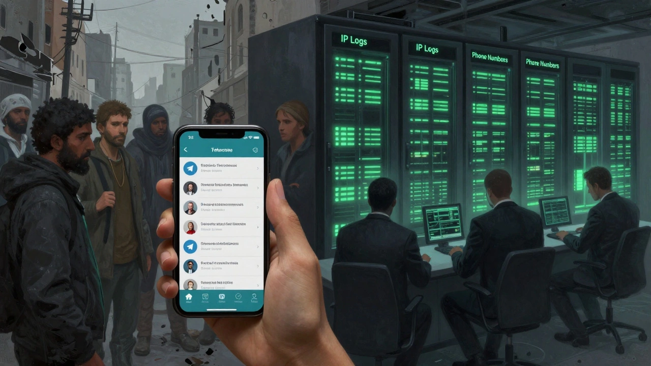 Activists viewing protest updates on a phone while servers silently log their data in the background.