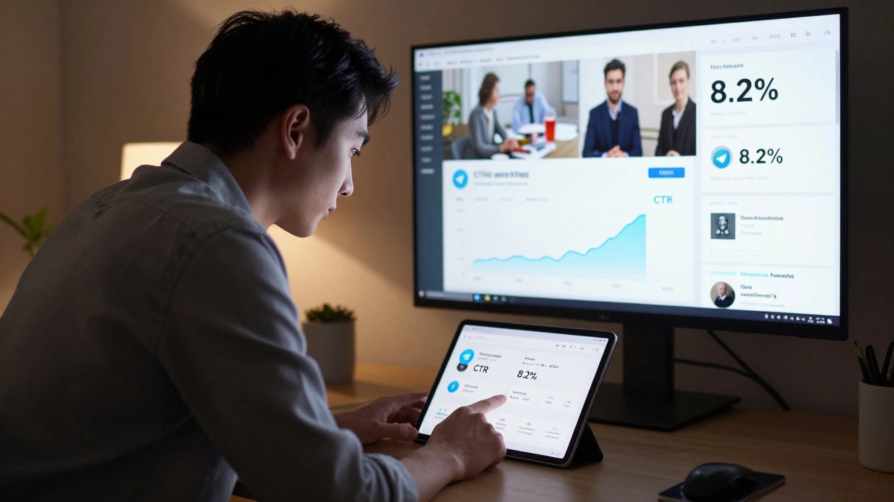 Advertiser reviewing real-time Telegram analytics on a tablet, showing click-through rates and audience demographics.