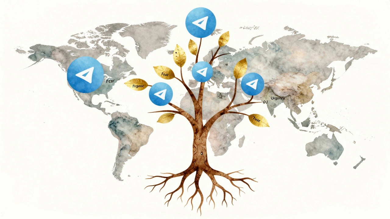An abstract tree with Telegram roots and regional branches, each leaf representing an emotional trigger for viral news.