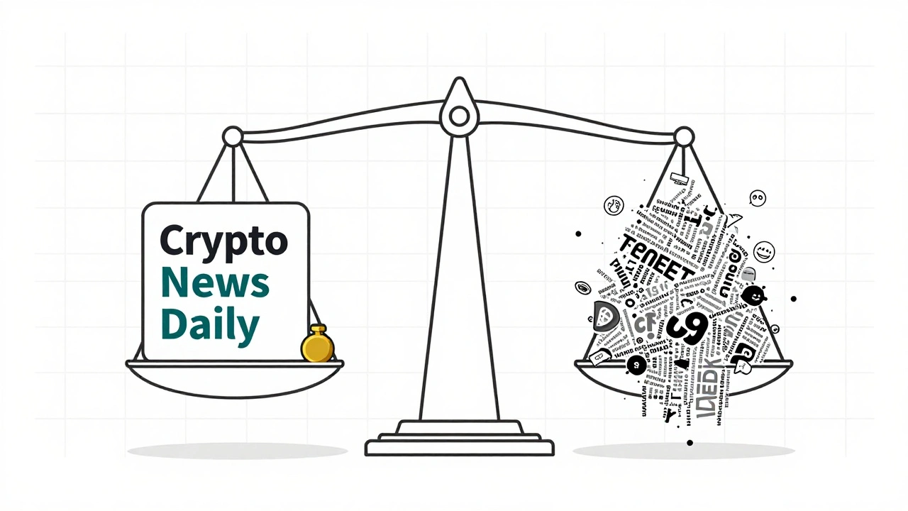 Balance scale comparing a clean channel title to a cluttered bio, symbolizing search optimization.