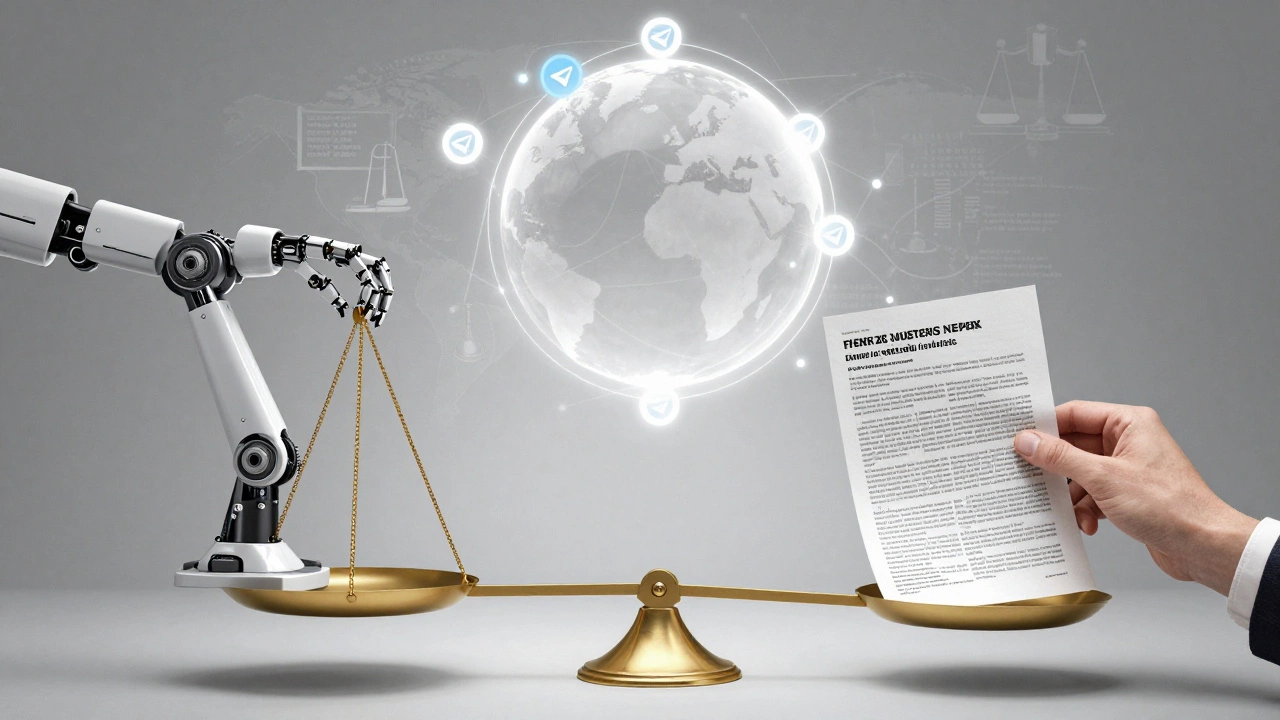 Balance scale symbolizing AI moderation versus human judgment over global Telegram channels.