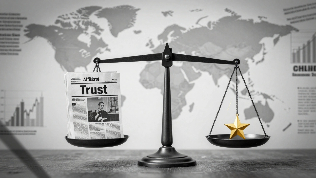 Balance scale weighing trust against affiliate earnings, with Stars falling and global data in background.