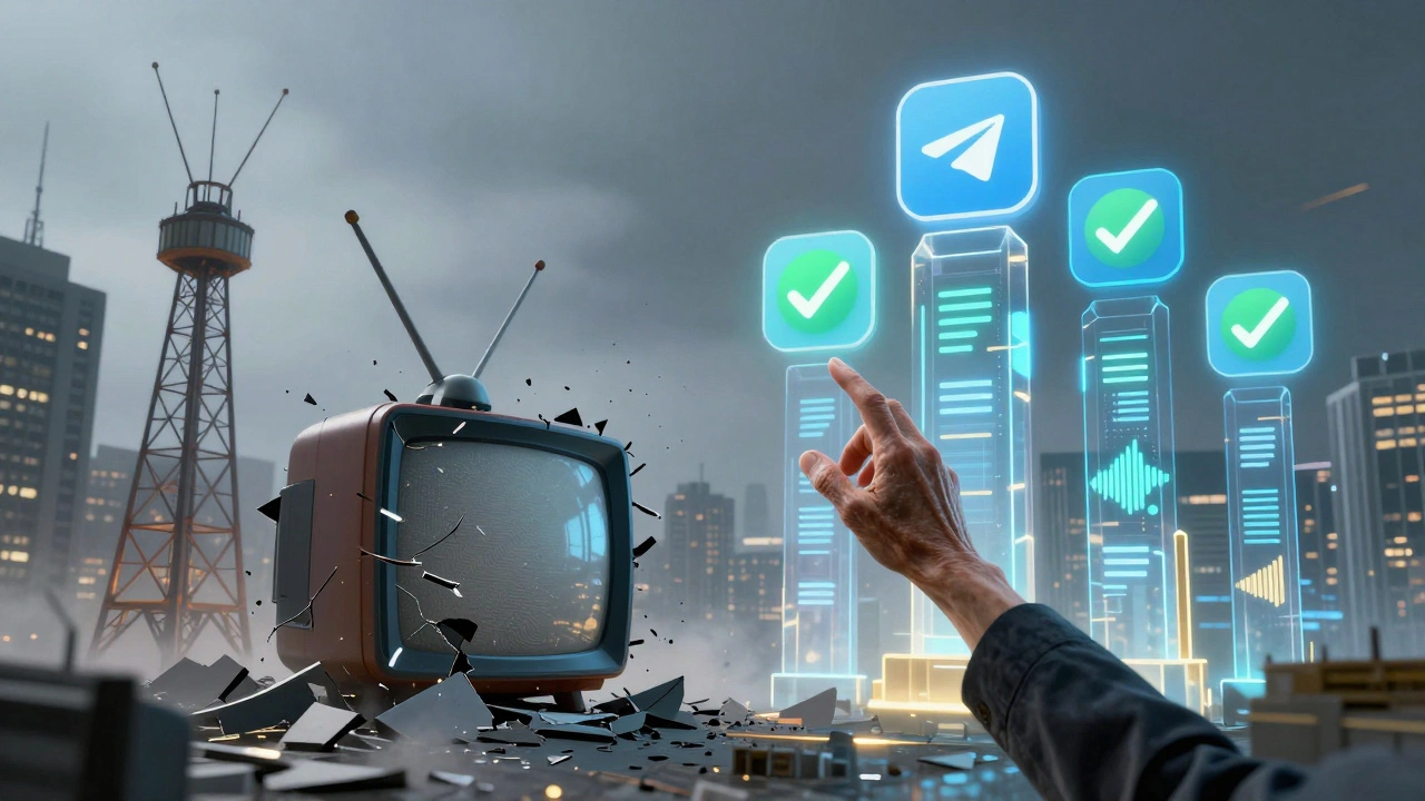 City with crumbling TV towers and rising Telegram pillars emitting verified alerts and voice waveforms.