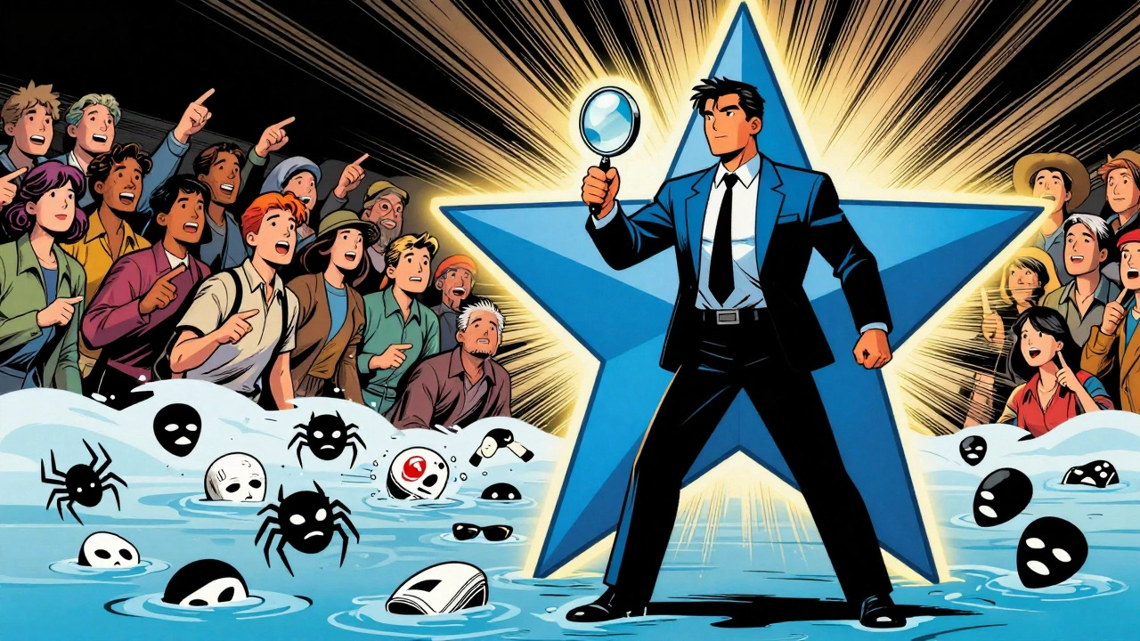 Comic book scene of a journalist protected by a glowing blue star as they confront fake news monsters.