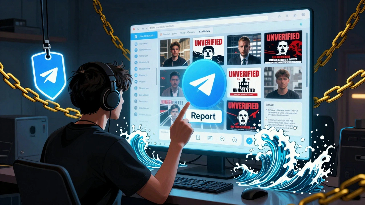 Comic book-style user resisting misinformation bots with a verification badge and snapping chains.