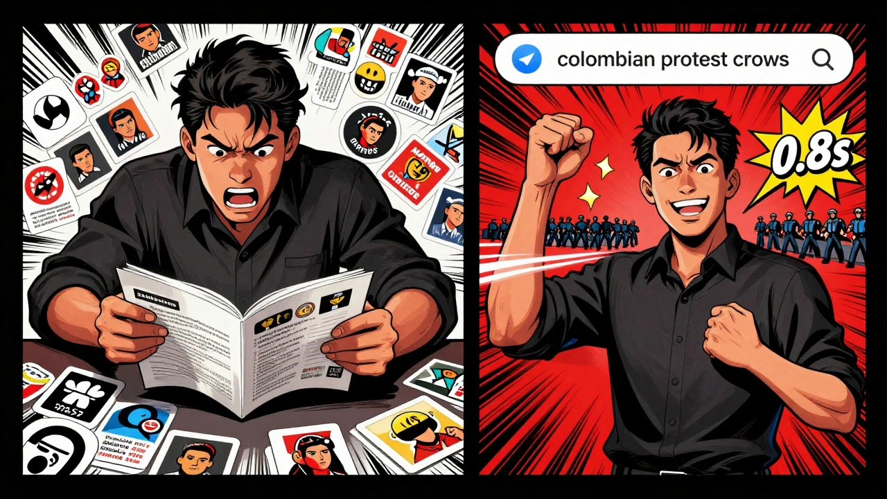 Comic-style comparison of slow sticker scrolling vs instant AI search results in Telegram.