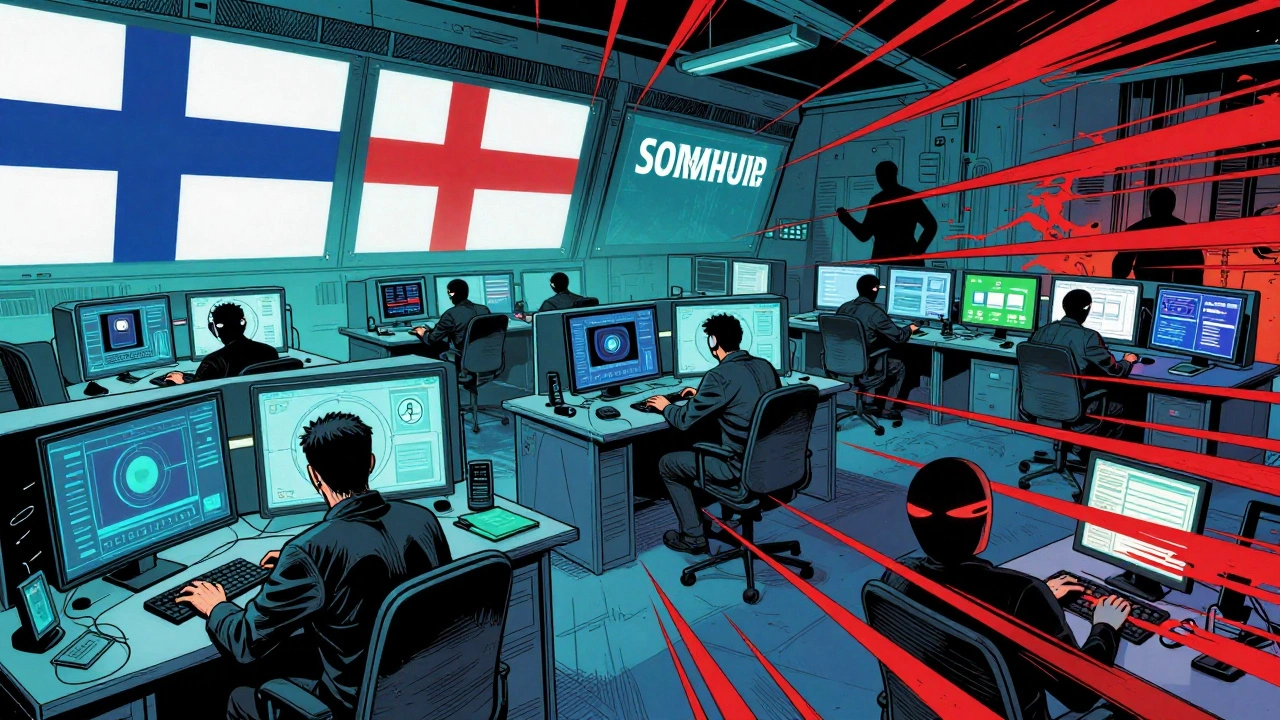 Comic-style team fighting fake Telegram accounts with voice bots and AI systems in command centers.