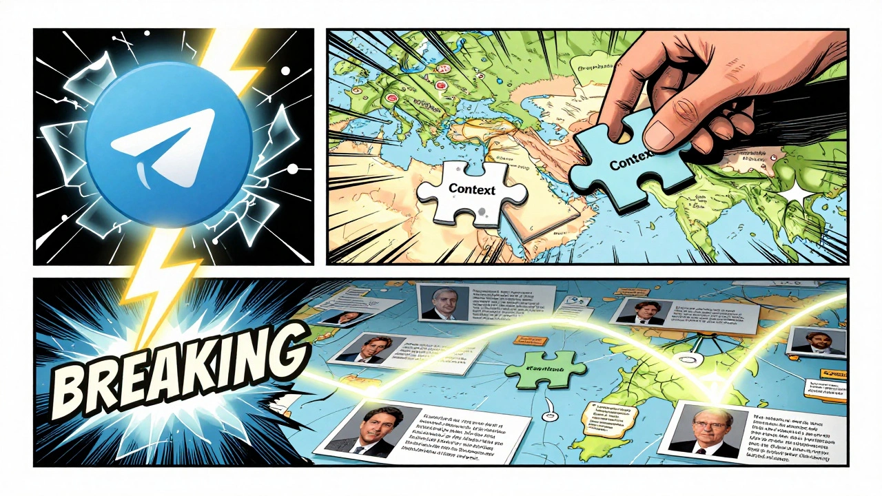 Comic-style three-panel sequence showing breaking news, context, and analysis as interconnected visual elements.