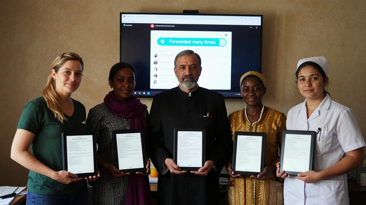 Community leaders in a local center sharing verified information on tablets, with a Telegram feed visible on a monitor.