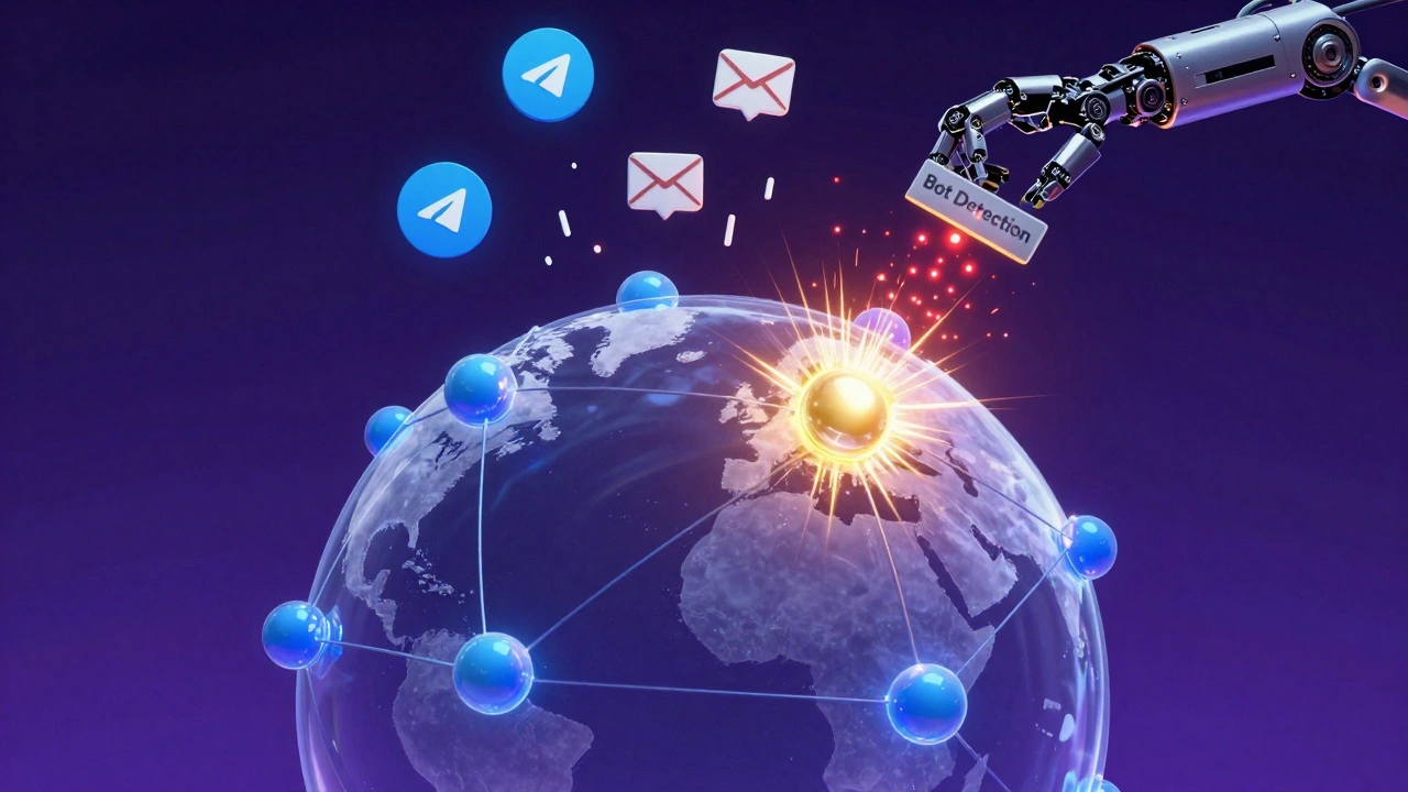 Conceptual globe with one glowing Telegram channel spike, surrounded by notification icons and bot detection filters in cyberpunk style.