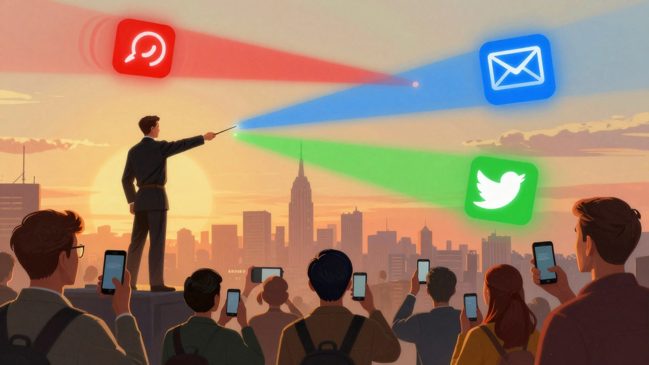 Conductor on city skyline directing three light streams representing Telegram, email, and social media news flow.