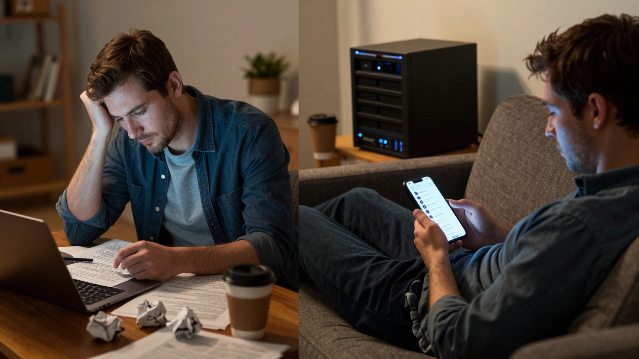 Contrast between manual news posting and automated Telegram bot posting in a home office.