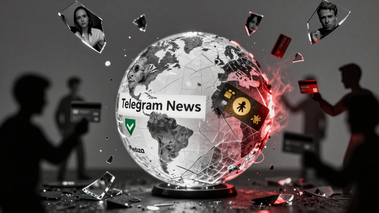 Cracked globe split between verified news and criminal symbols, representing Telegram's dual nature.