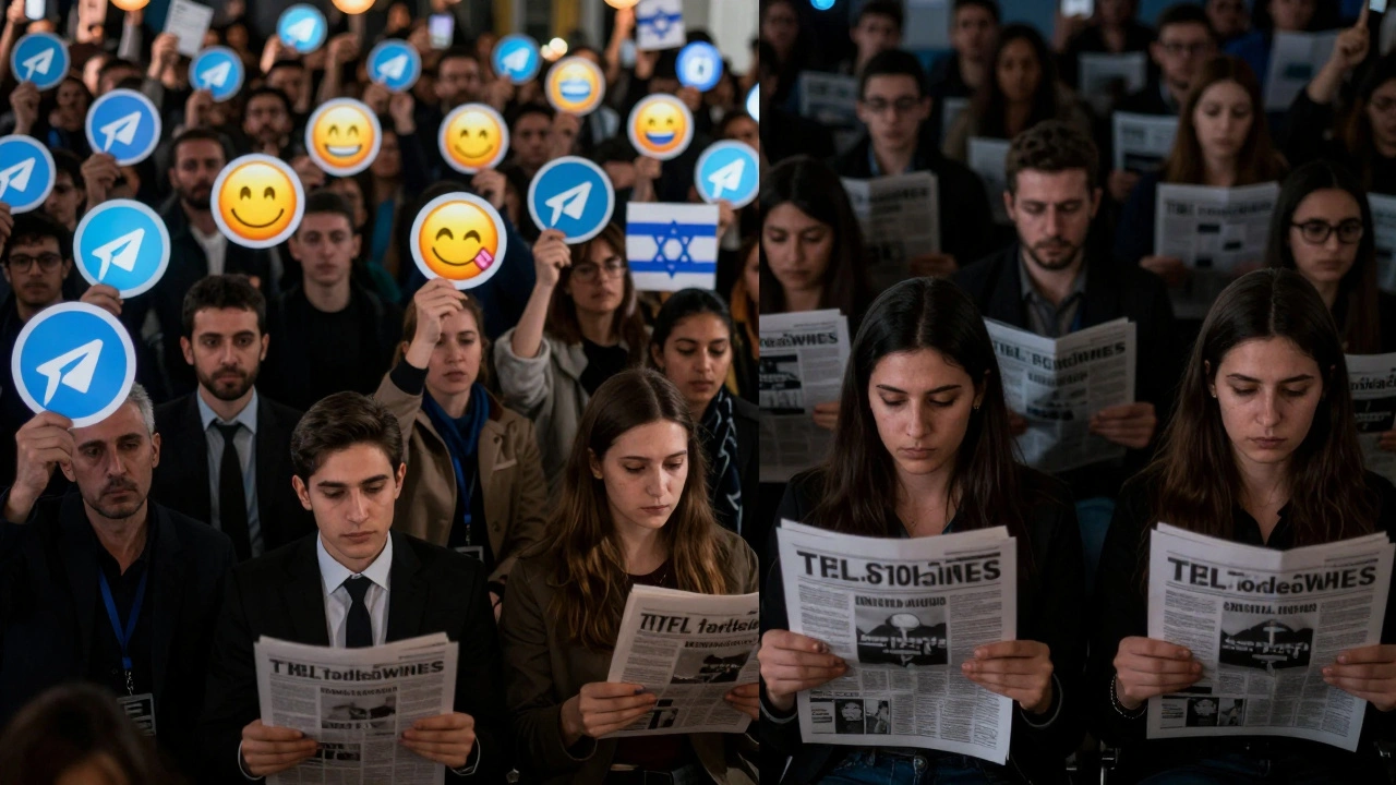 Crowd holding custom Telegram emojis beside silent individuals holding negative news articles.