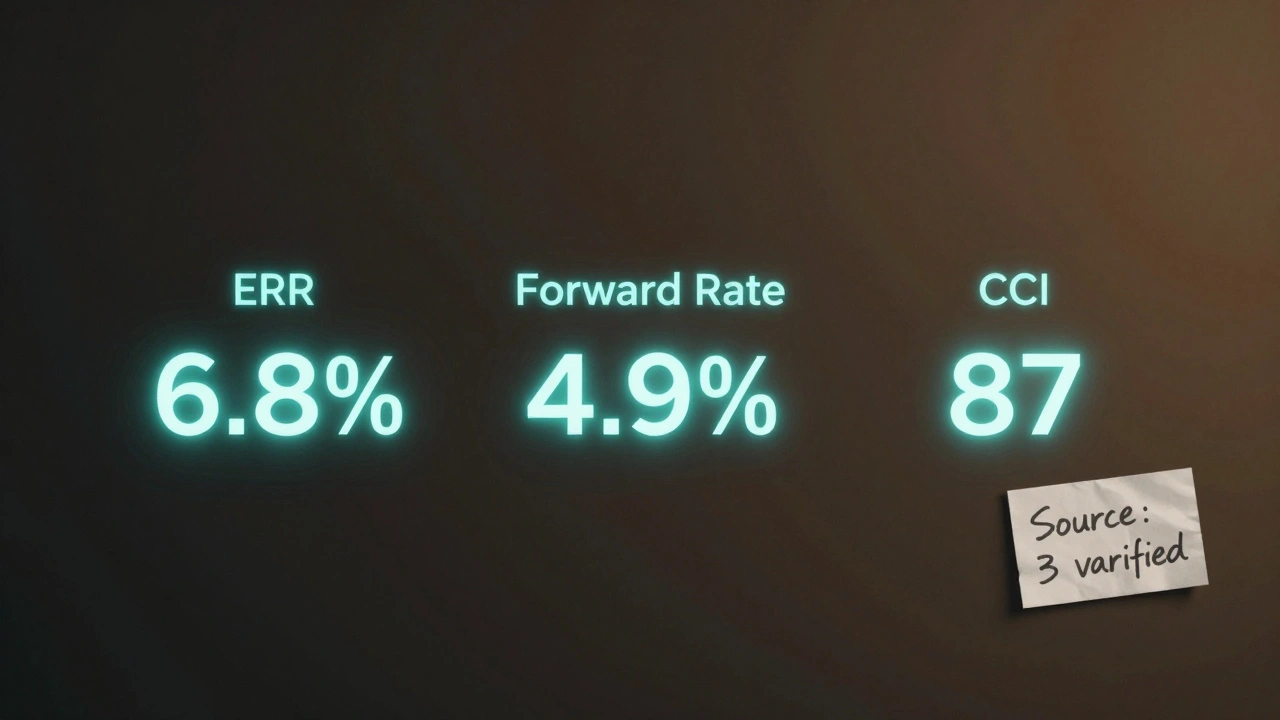 Digital dashboard displaying ERR, forward rate, and CCI metrics on a Telegram interface with source verification note.