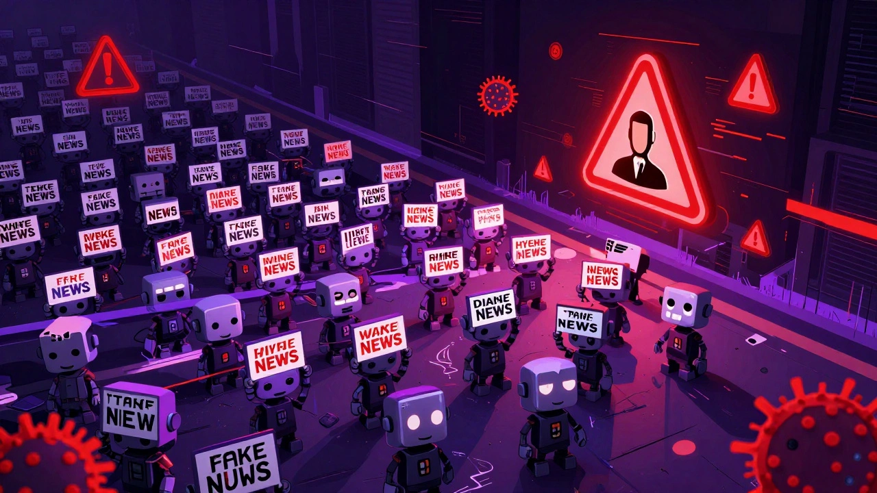 Digital illustration of bot avatars flooding a news channel with fake headlines amid malware and warnings.