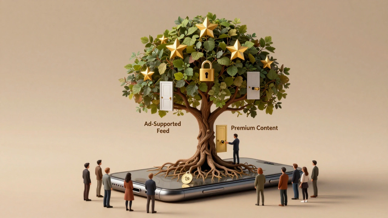 Digital tree with ad-supported roots and premium subscription branches blooming from a smartphone screen.