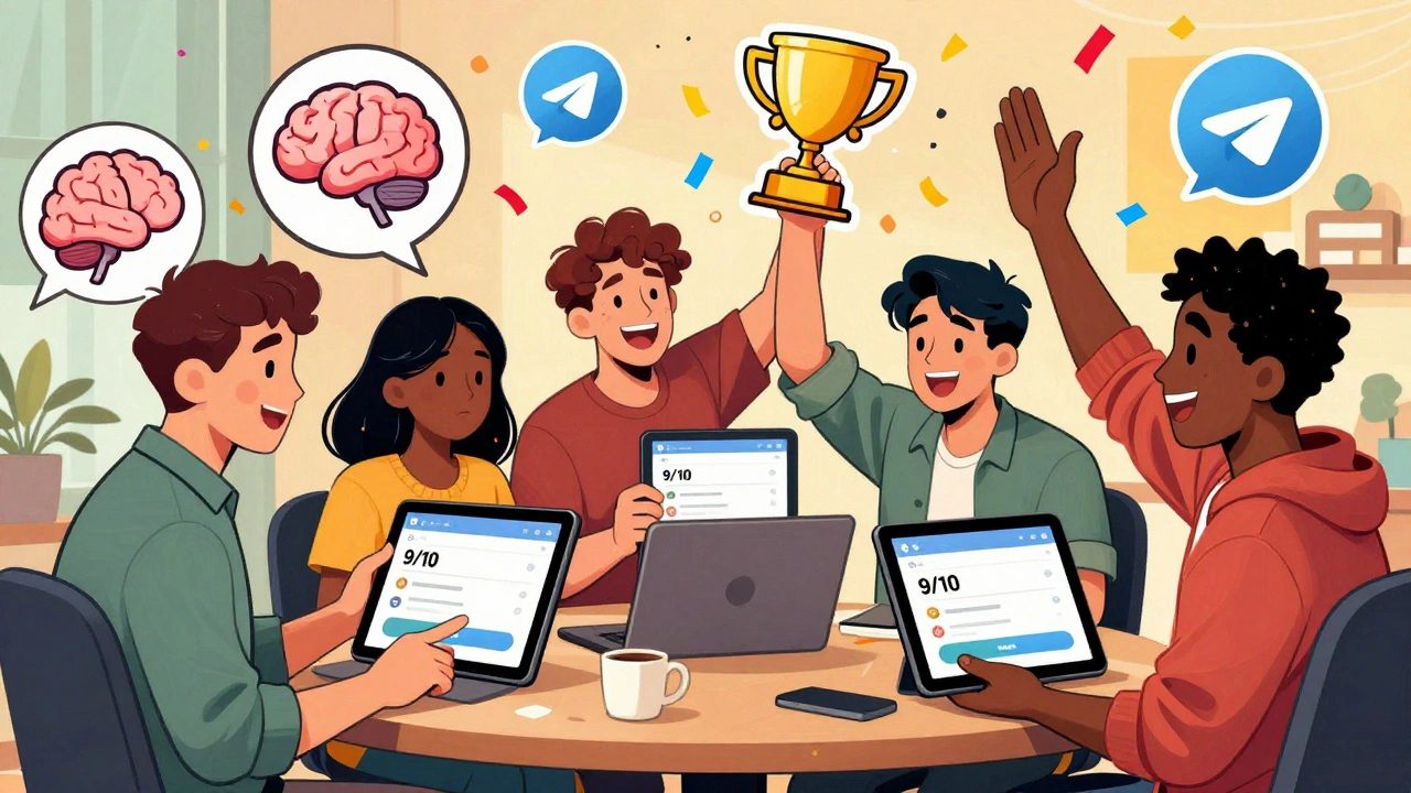Diverse users celebrating high quiz scores with confetti and Telegram icons in the background.