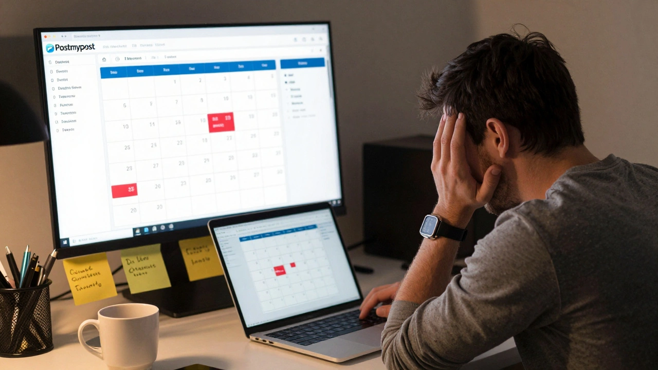 Editor surrounded by time zone chaos, with an automated scheduling tool resolving the confusion on a floating screen.