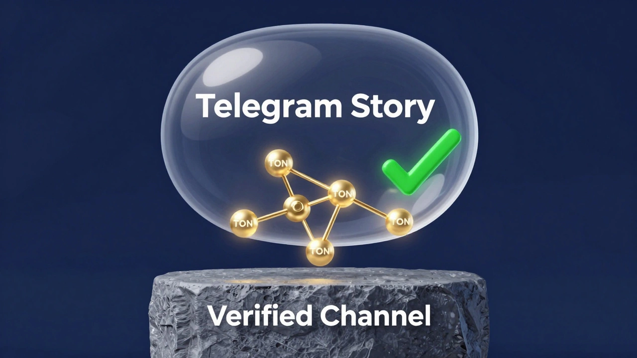 Ephemeral story bubble connected by glowing blockchain links to a verified channel foundation.