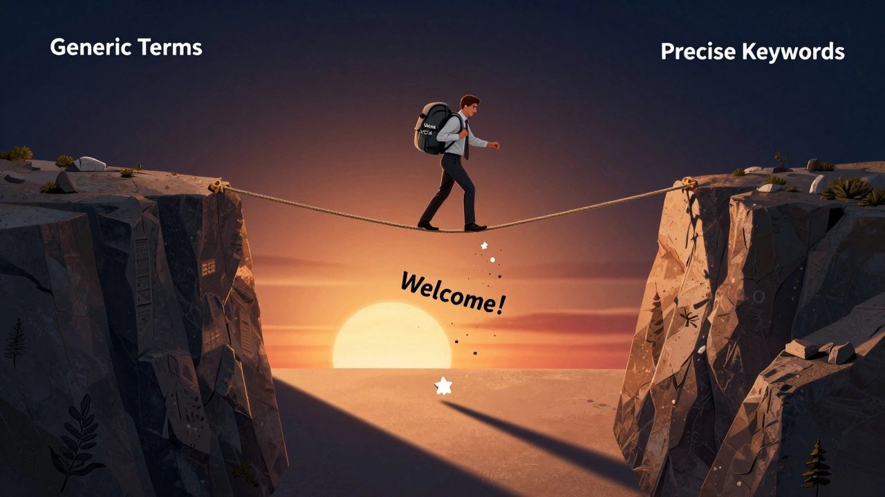 Figure balancing on a tightrope between generic terms and precise keywords, dropping fluff into abyss under sunset light.