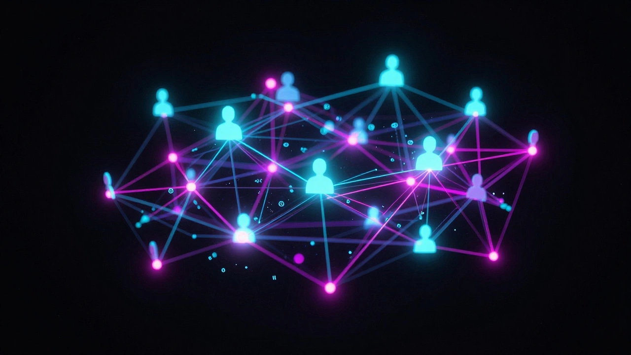 Floating digital network of glowing nodes and lines representing hidden connections between entities.