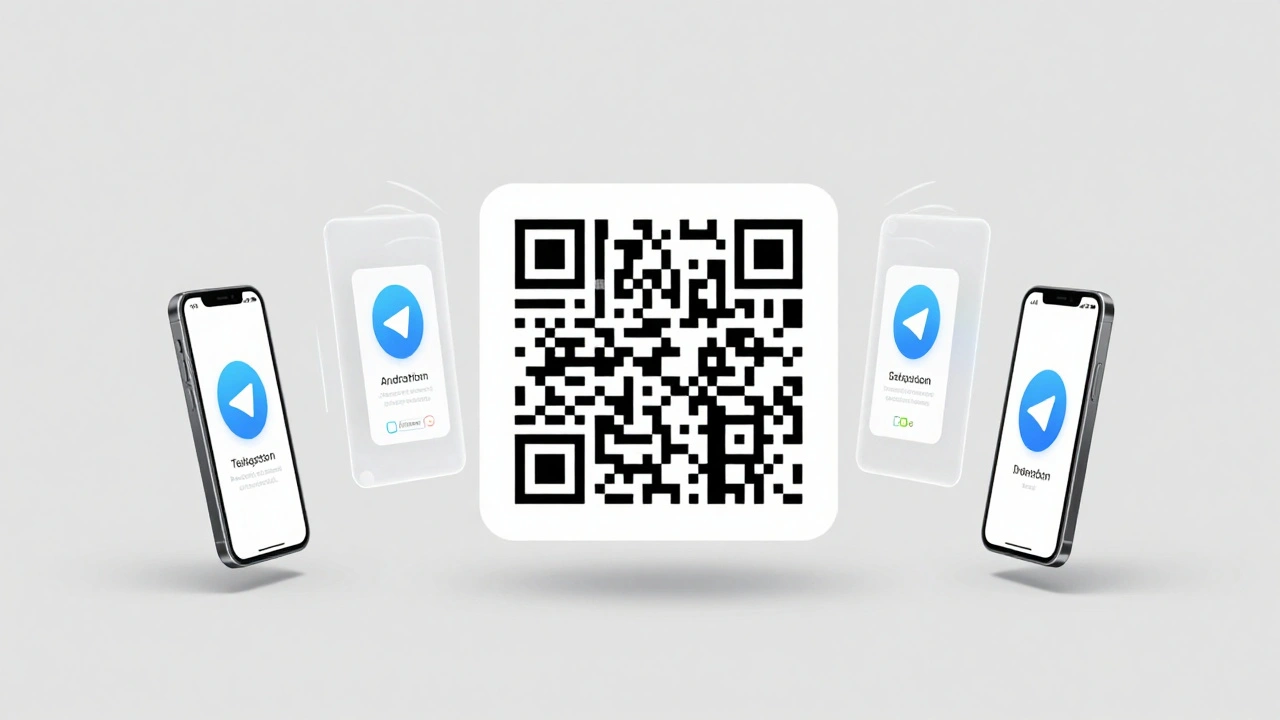 Floating QR code being scanned by four smartphones with Telegram subscription animations.