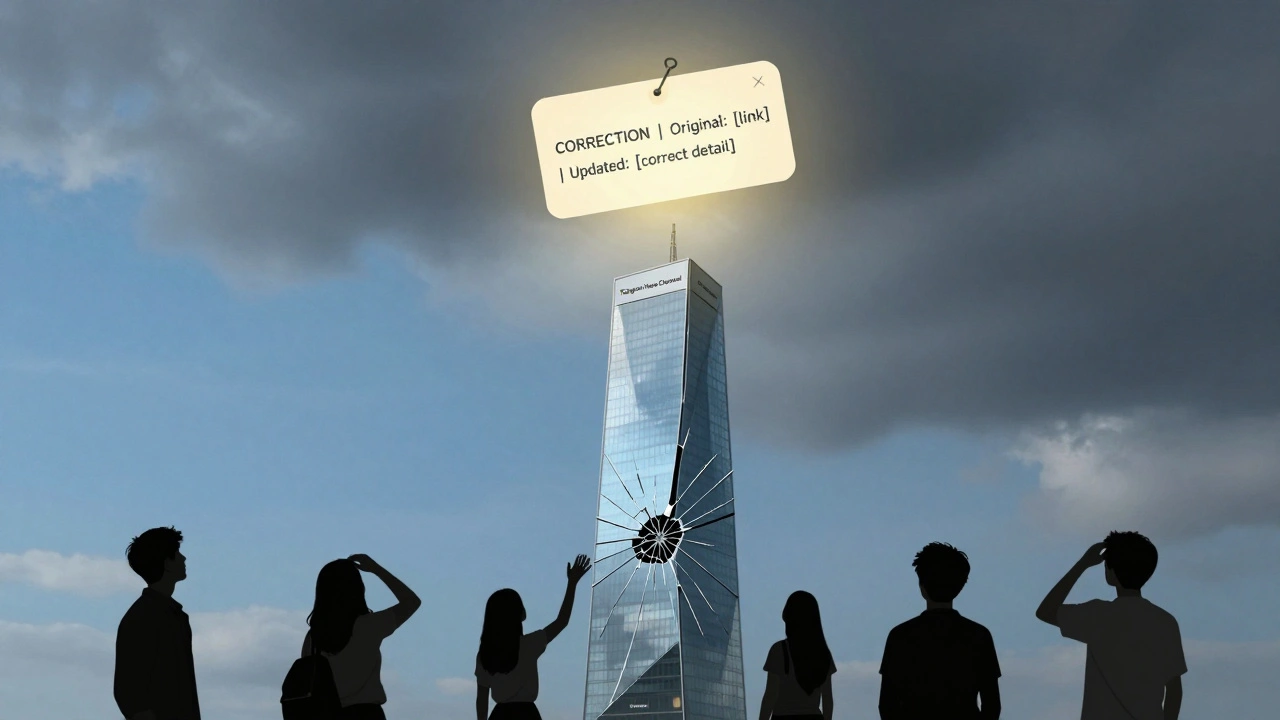Fragile glass tower representing a Telegram news channel, with a golden pinned correction message glowing above silhouettes of users worldwide.