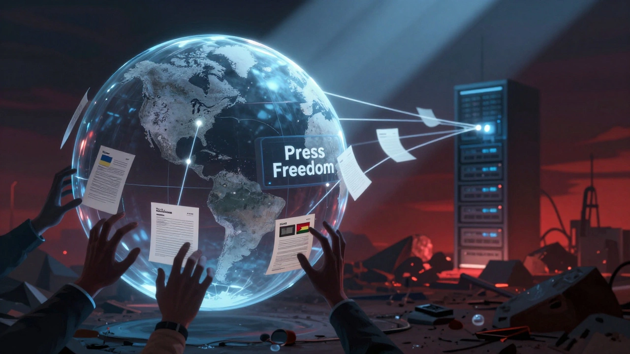 Glass globe containing journalistic files protected by Telegram connections, under threat from dark hands.