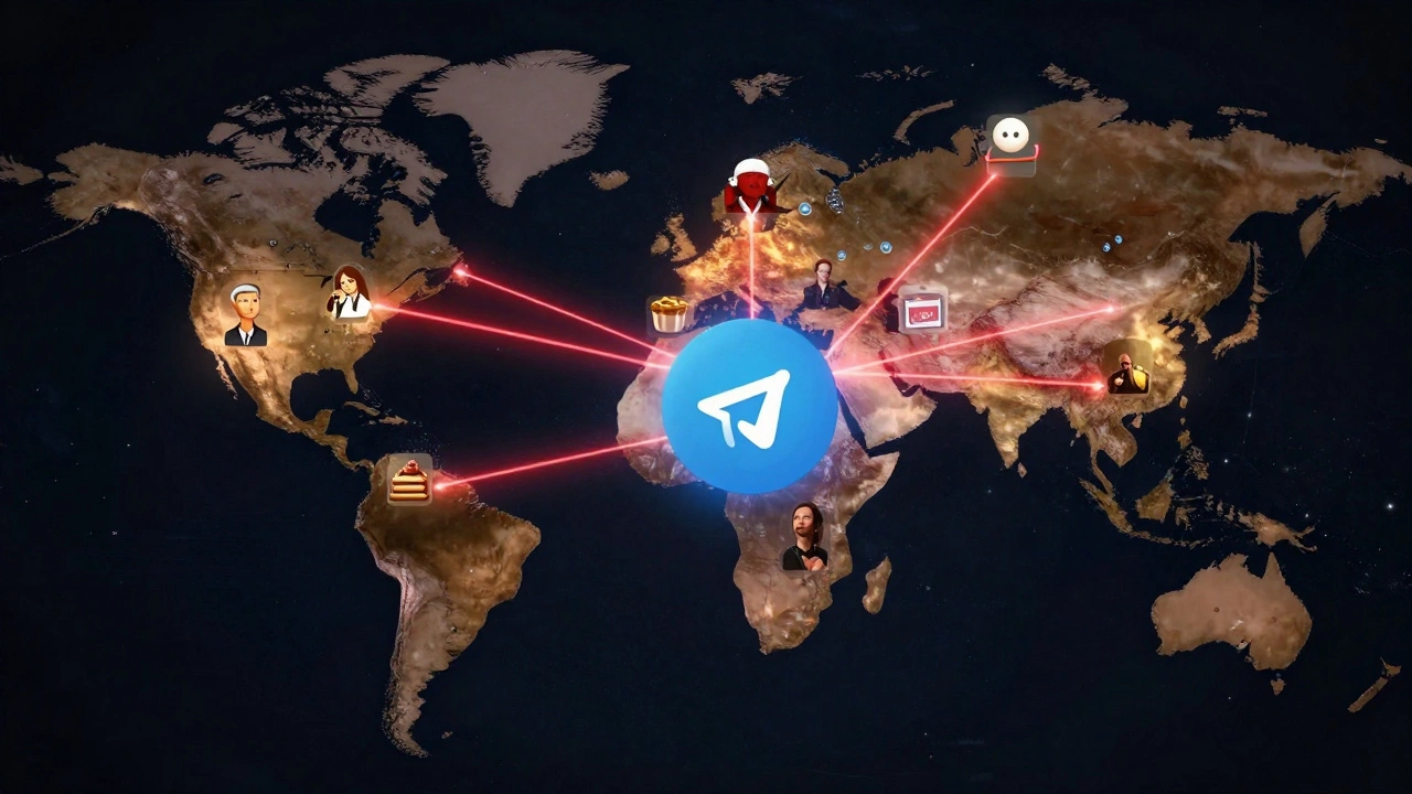 Global map showing live Telegram Stories streams from multiple countries with icons of users and events.