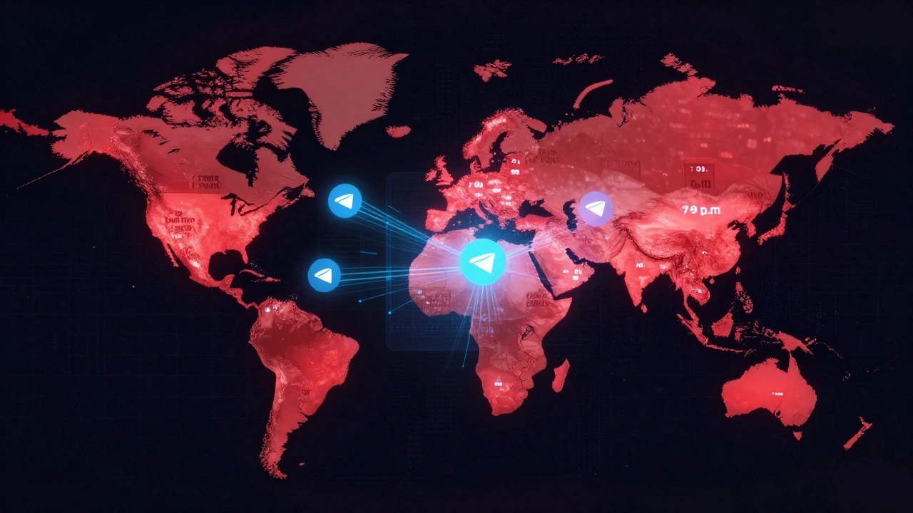 Global map with glowing red time zones indicating optimal Telegram posting windows in Europe and North America.
