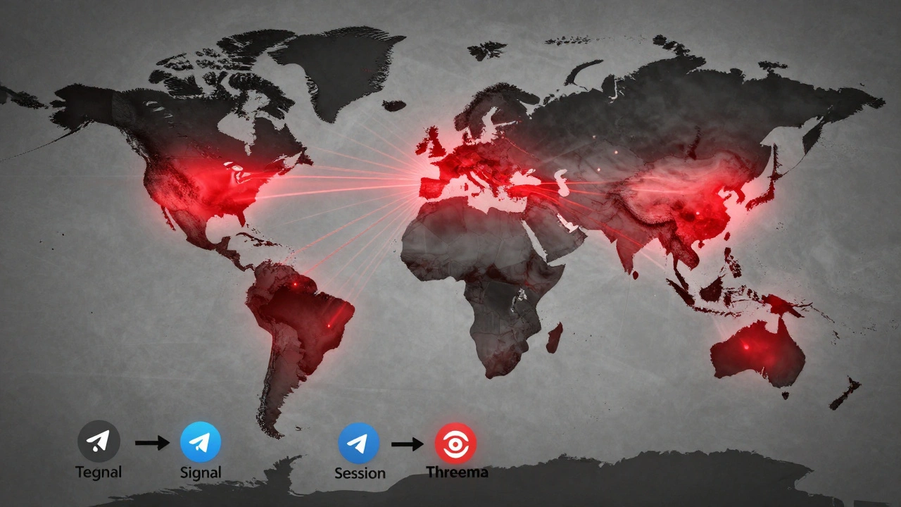 Global map with red data flows from Europe and South Korea, journalists replacing Telegram with secure apps.