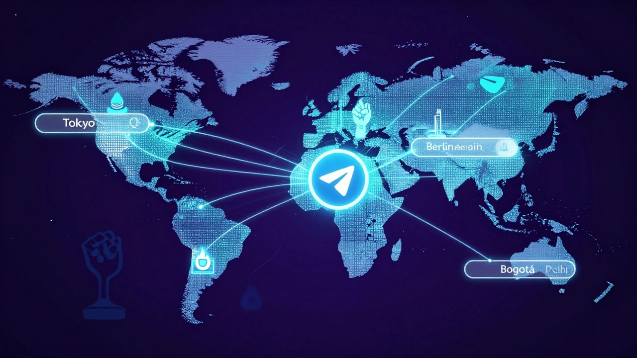 Global network of newsrooms linked by AI visual search threads with symbolic stickers flowing between cities.