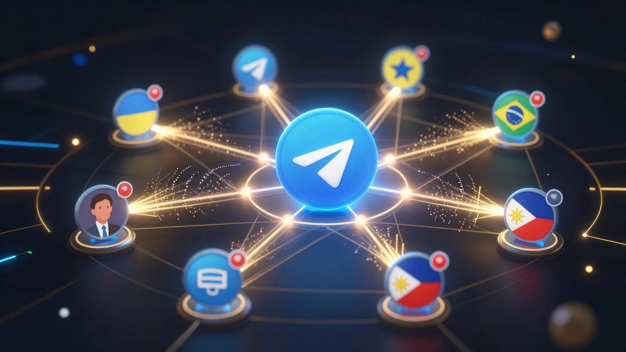 Glowing network of ambassadors across countries sending verified news through encrypted Telegram channels, with misinformation being neutralized.