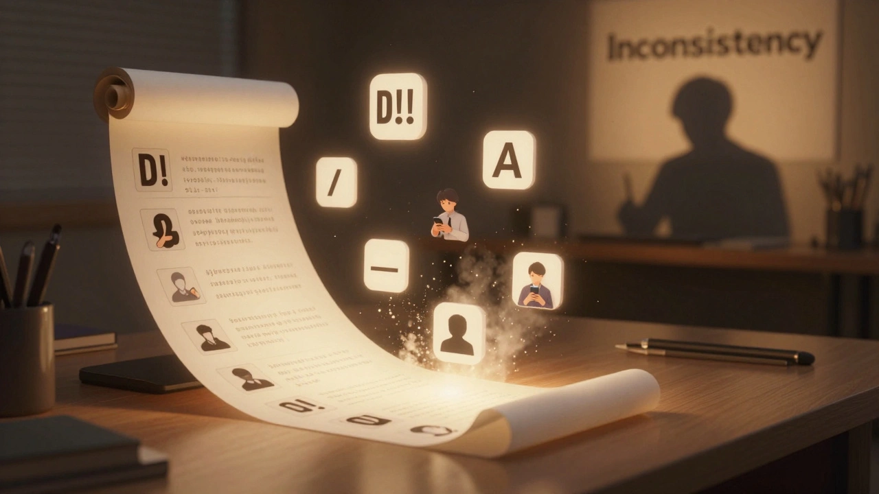 Glowing style guide scroll with formatting icons and readers on phones, while inconsistency fades away.