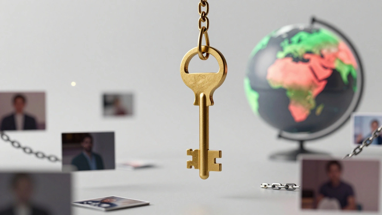 Golden key above digital images, some blurred, some clear, with global restrictions.