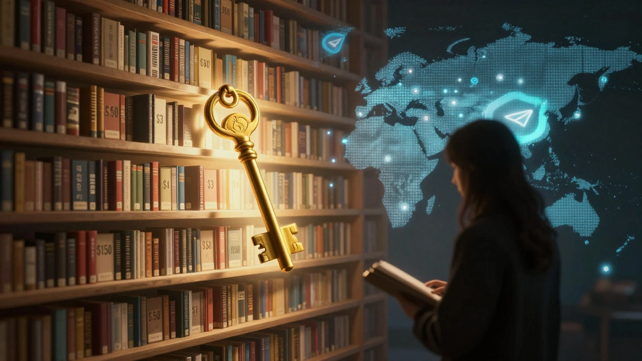 Golden key unlocking a bookshelf of micro-purchased stories, glowing against a global map.