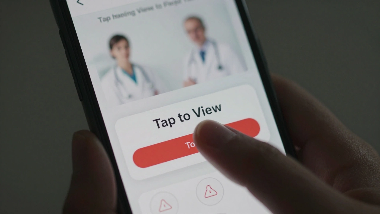 Hand hovering over blurred medical image with warning overlay on smartphone.