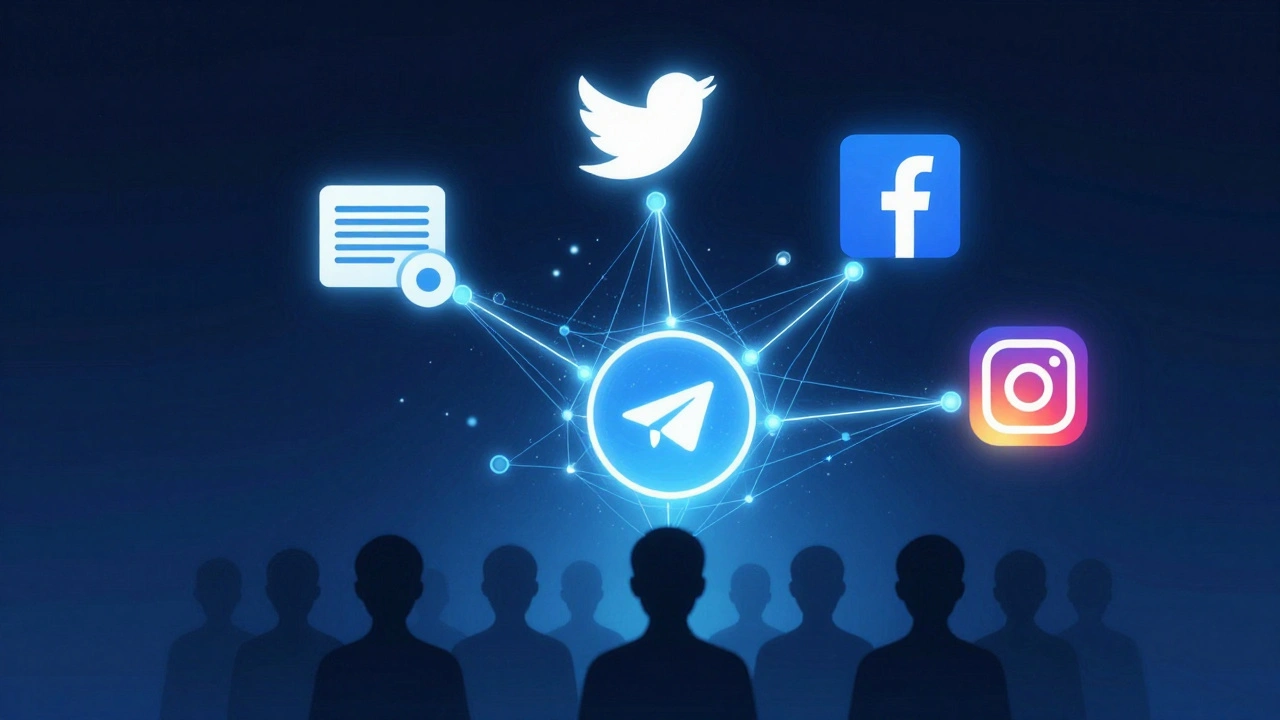 Interconnected digital platforms feeding into a central Telegram channel with glowing connections.