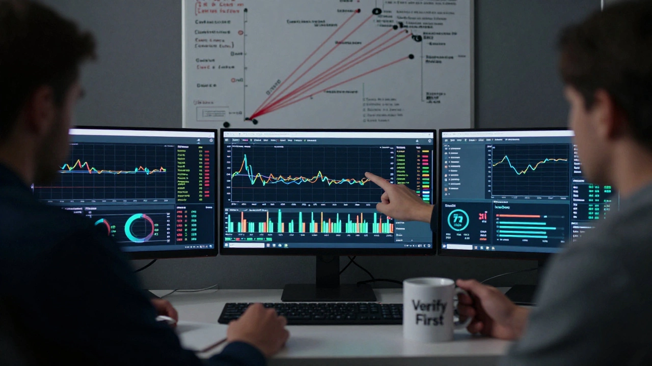 Journalist analyzing multiple Telegram transparency tools on screens at a cluttered desk.