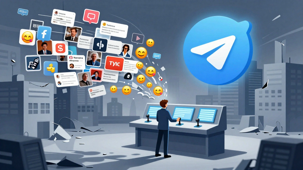 Journalist controls a narrative engine spawning Telegram-style story fragments into a storm.