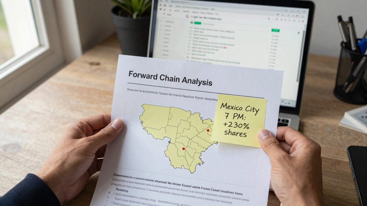 Journalist reviewing forward chain report with regional sharing notes and UTM-linked analytics.