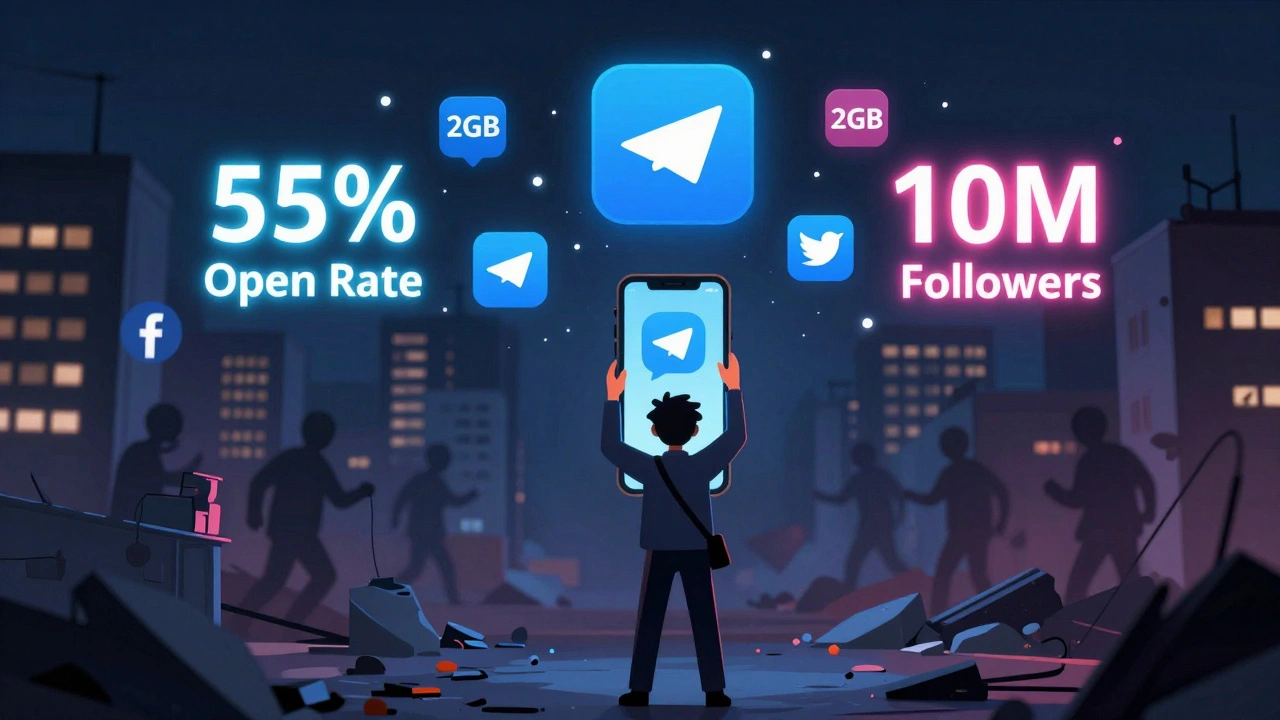 Journalist uploading a video to Telegram as verified channels and subscriber counts float around them.