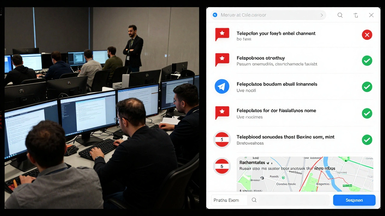 Journalists reviewing flagged disinformation on monitors while a Telegram bot interface displays live alerts and geographic spread maps.
