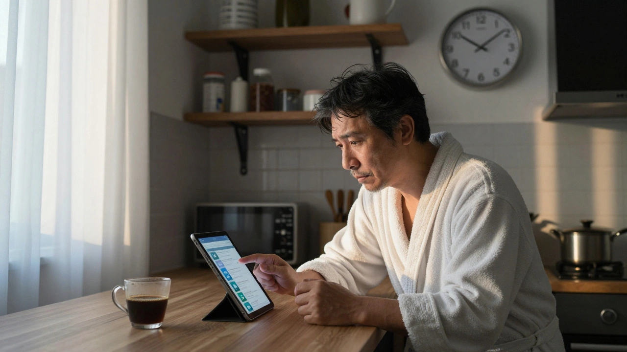 Middle-aged person reviewing news on tablet in kitchen at dawn