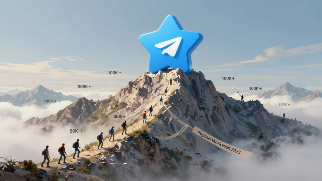 Mountain shaped like a Telegram blue star, with news organizations climbing toward the summit, one path labeled 'Regional Verification 2025'.